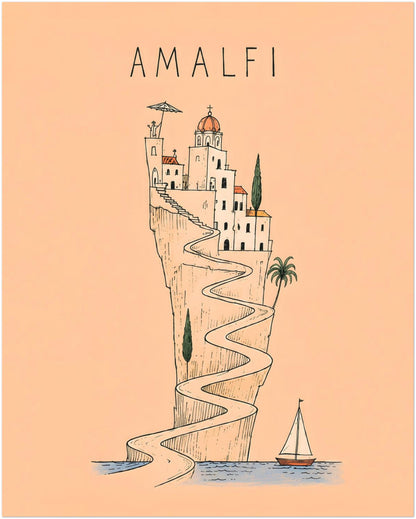 16 x 20 inch Italian coastal wall art featuring an Amalfi village, domed church and winding road descending towards the sea, with a sailing boat on a peach background.