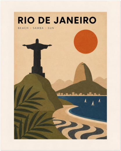 Unframed 16 x 20 inch Rio de Janeiro travel poster showing Christ the Redeemer above a colourful Brazilian coastline with Sugarloaf Mountain, tropical plants, blue water, small sailing boats, an orange sun and Copacabana’s black-and-white wave pavement. A bold retro Brazil print for a living room, bedroom or office wall.