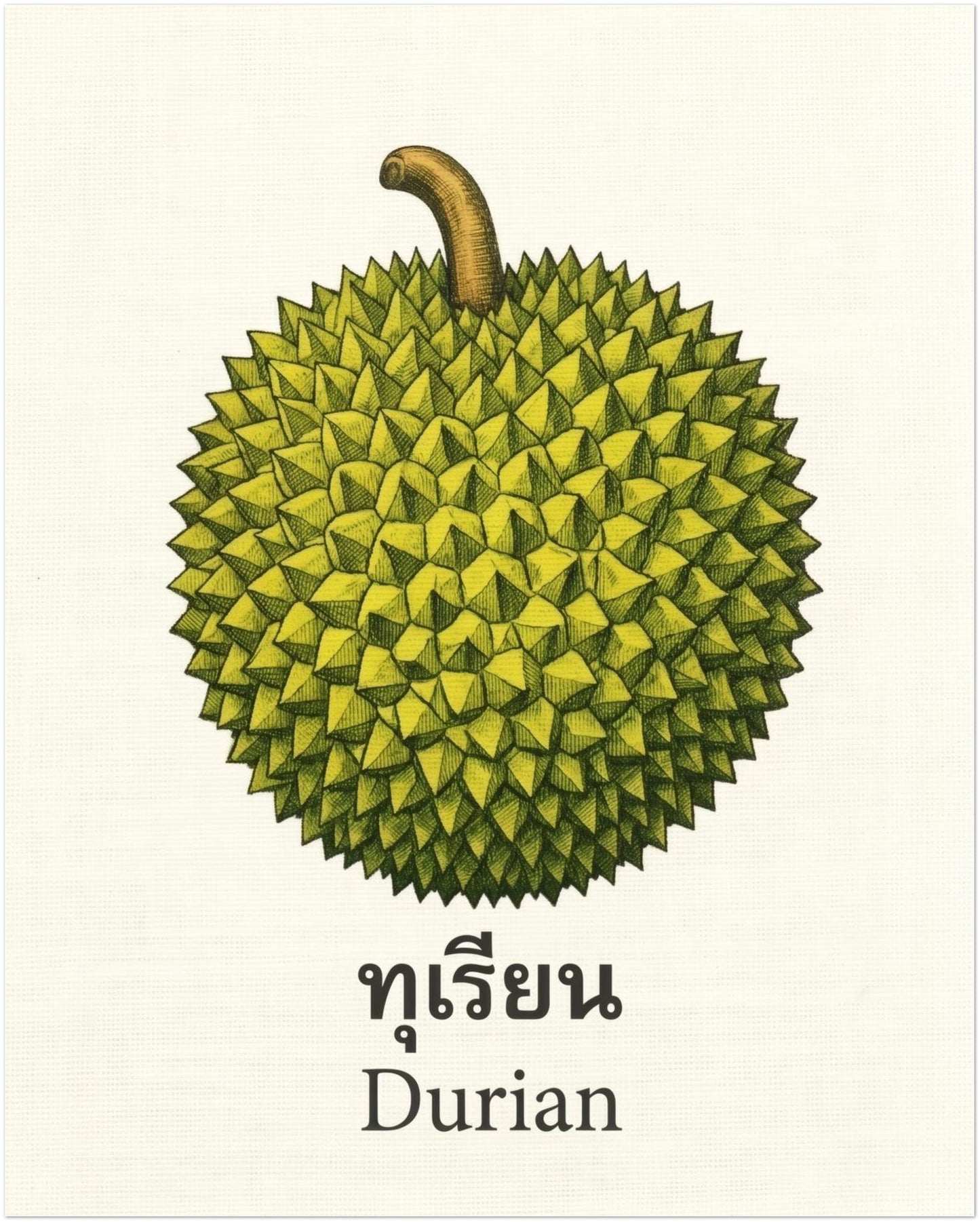 Unframed 16x20 Thai durian wall art showing a large green durian fruit with pointed texture and a curved brown stem on a cream background. Thai script sits above the English word “Durian,” giving the artwork a clean retro botanical look. Works well as kitchen wall decor, dining room fruit art, pantry print or Thai food inspired interior styling.