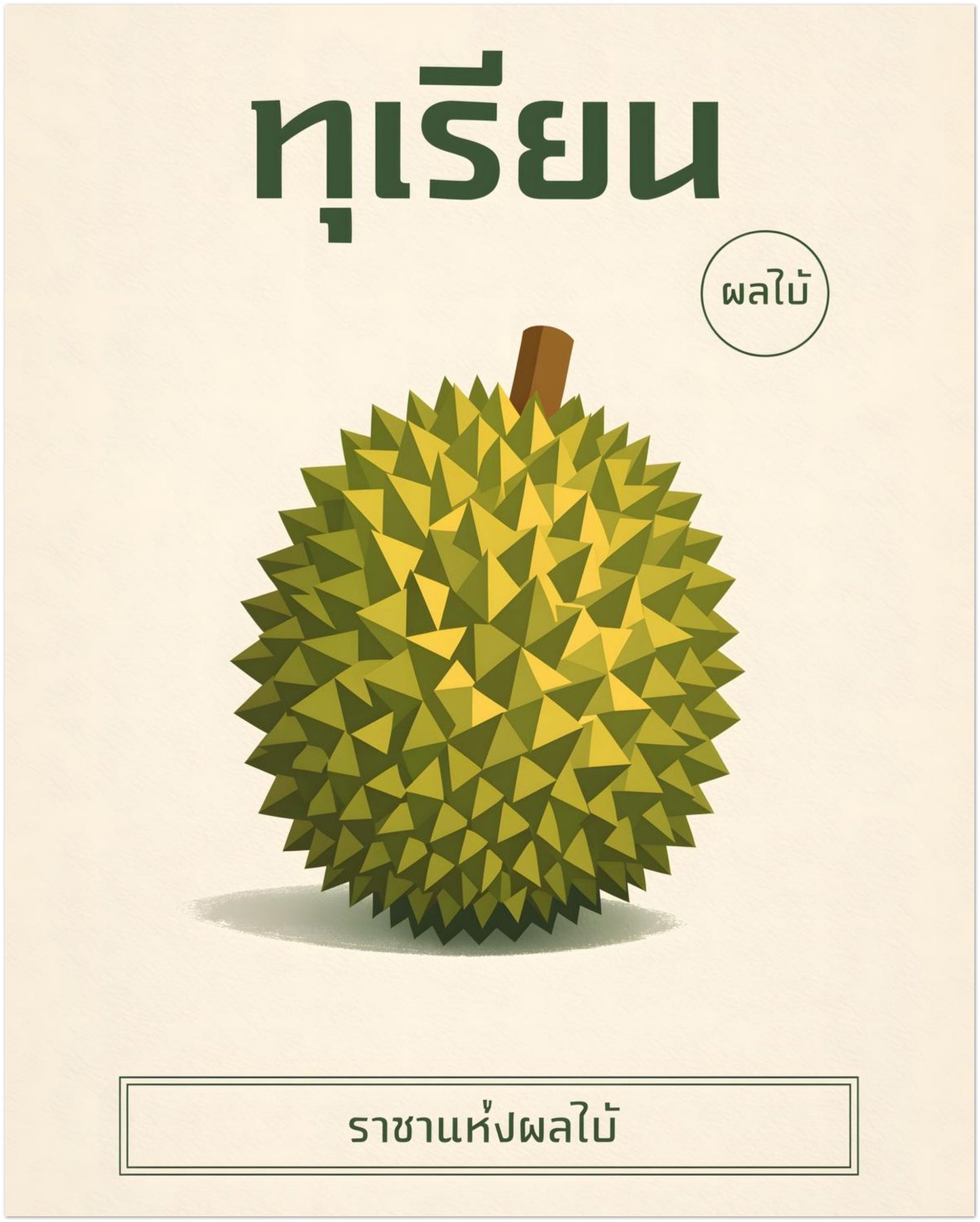 16x20 inch unframed minimalist durian Thai wall print showing a detailed polygon-style durian fruit in green hues. Thai title text sits prominently above, with a simple label-style box beneath on a neutral cream background. The balanced proportions make this botanical artwork adaptable for home offices, bedrooms or dining spaces.