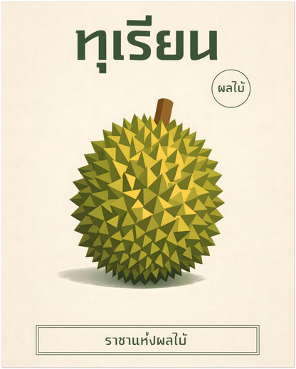 16x20 inch unframed minimalist durian Thai wall print showing a detailed polygon-style durian fruit in green hues. Thai title text sits prominently above, with a simple label-style box beneath on a neutral cream background. The balanced proportions make this botanical artwork adaptable for home offices, bedrooms or dining spaces.
