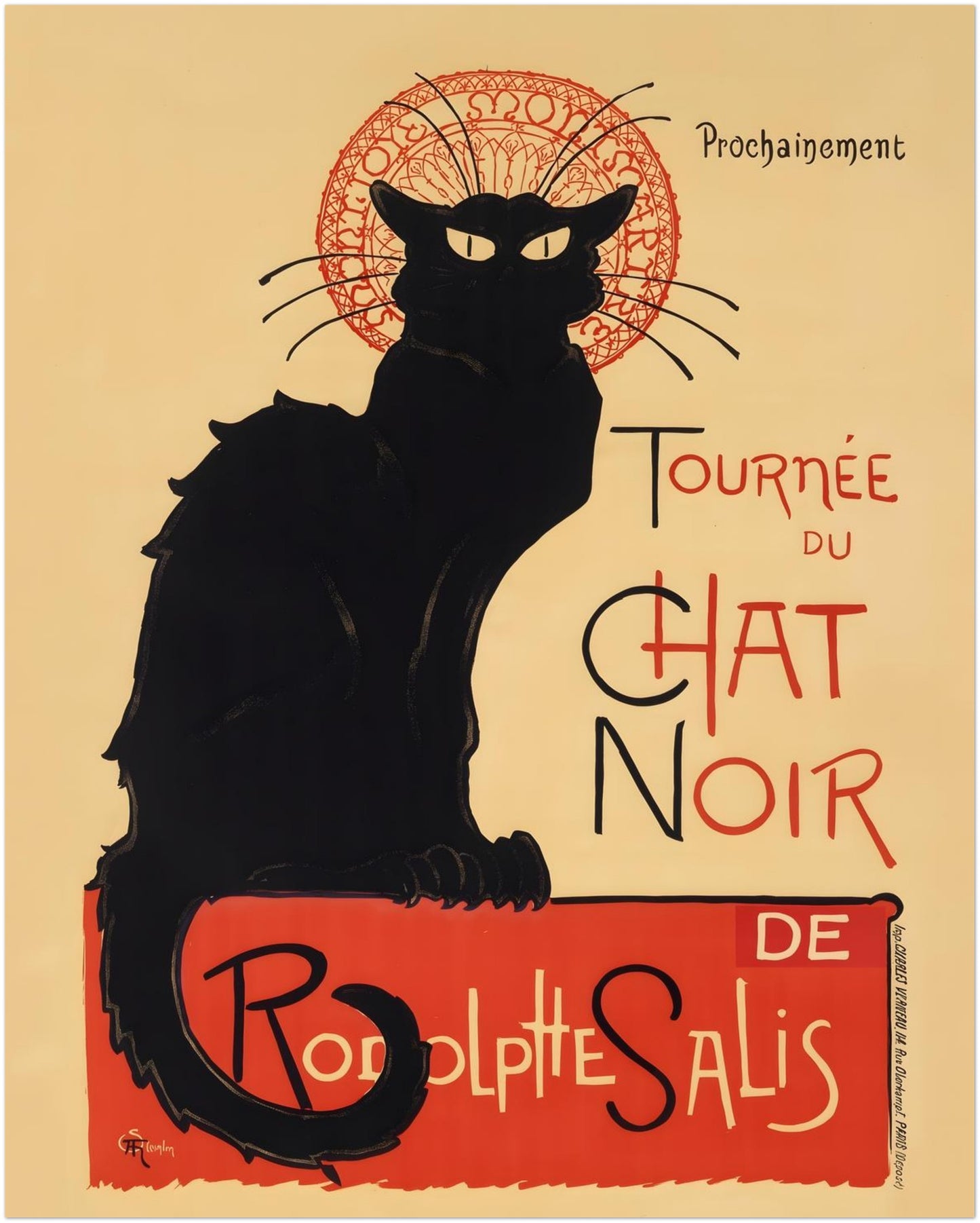 16x20 inch unframed Tournée du Chat Noir print featuring the well-known 1896 French Art Nouveau black cat design. The balanced proportions highlight the red circular graphic and theatre lettering, making this Paris cabaret poster a versatile option for modern interiors, eclectic wall decor or vintage French art displays.