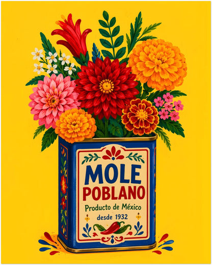 Unframed 16 x 20 inch Mexico poster with a vintage-style mole poblano tin overflowing with red, pink, orange and white flowers. Set against a rich yellow background, the blue packaging, chilli graphics and hand-painted botanical details create bold Mexican food wall art for kitchens, dining spaces and colourful home interiors.