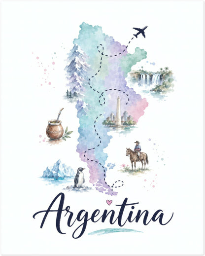 Unframed 16 x 20 inch Argentina map wall art in a clean portrait layout. The country is rendered with soft blue, green and lilac watercolour textures, surrounded by small illustrated wildlife, landscape and cultural symbols. An aeroplane flies above the map, and large flowing Argentina script anchors the bottom of the colourful South America poster.