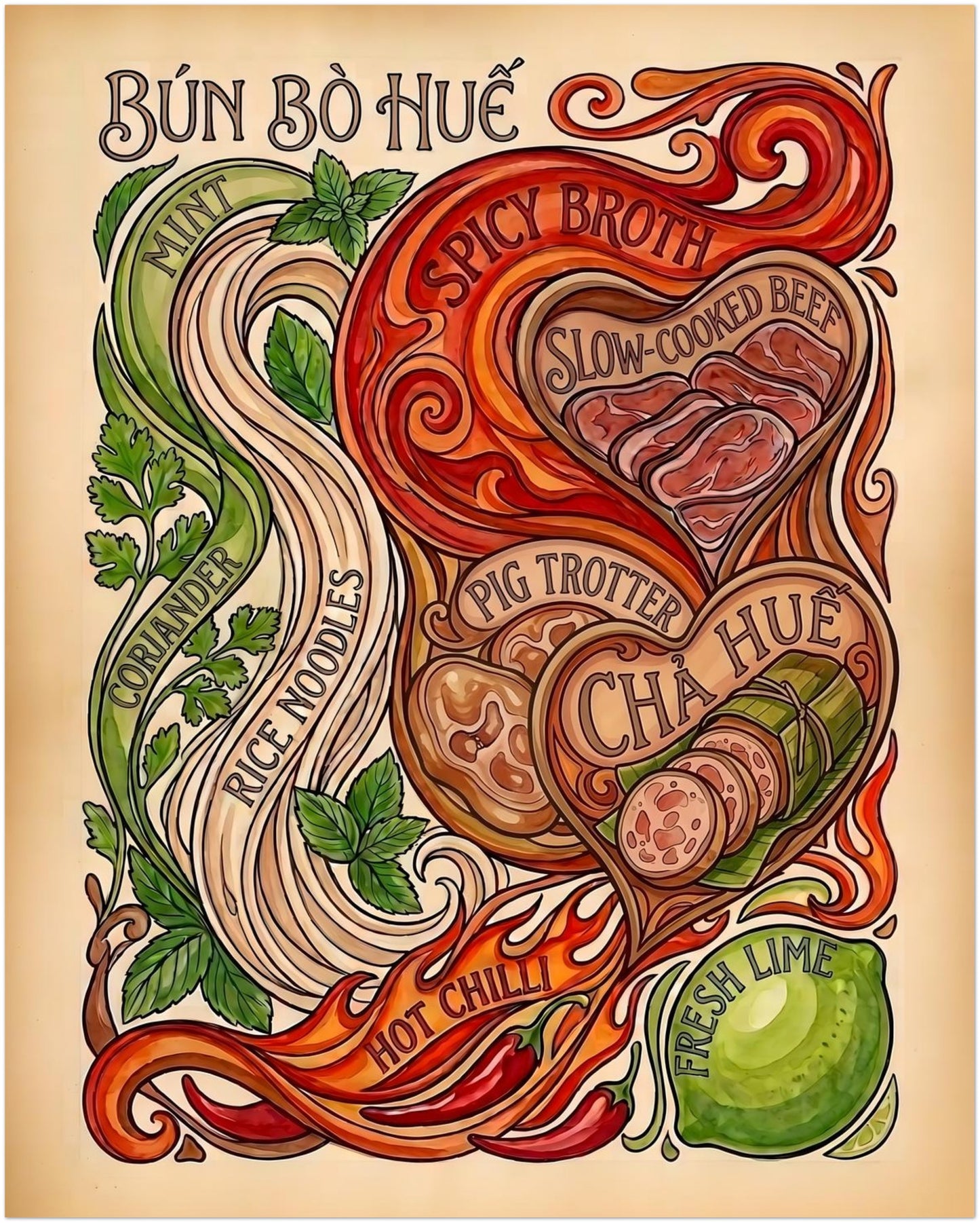 16x20 unframed Bun Bo Hue poster featuring a colourful Vietnamese noodle soup design with flowing rice noodles, fresh herbs, hot chilli, lime, slow-cooked beef and red broth-style swirls. A strong food wall art size for kitchens, dining rooms, cafes or Asian food poster collections.