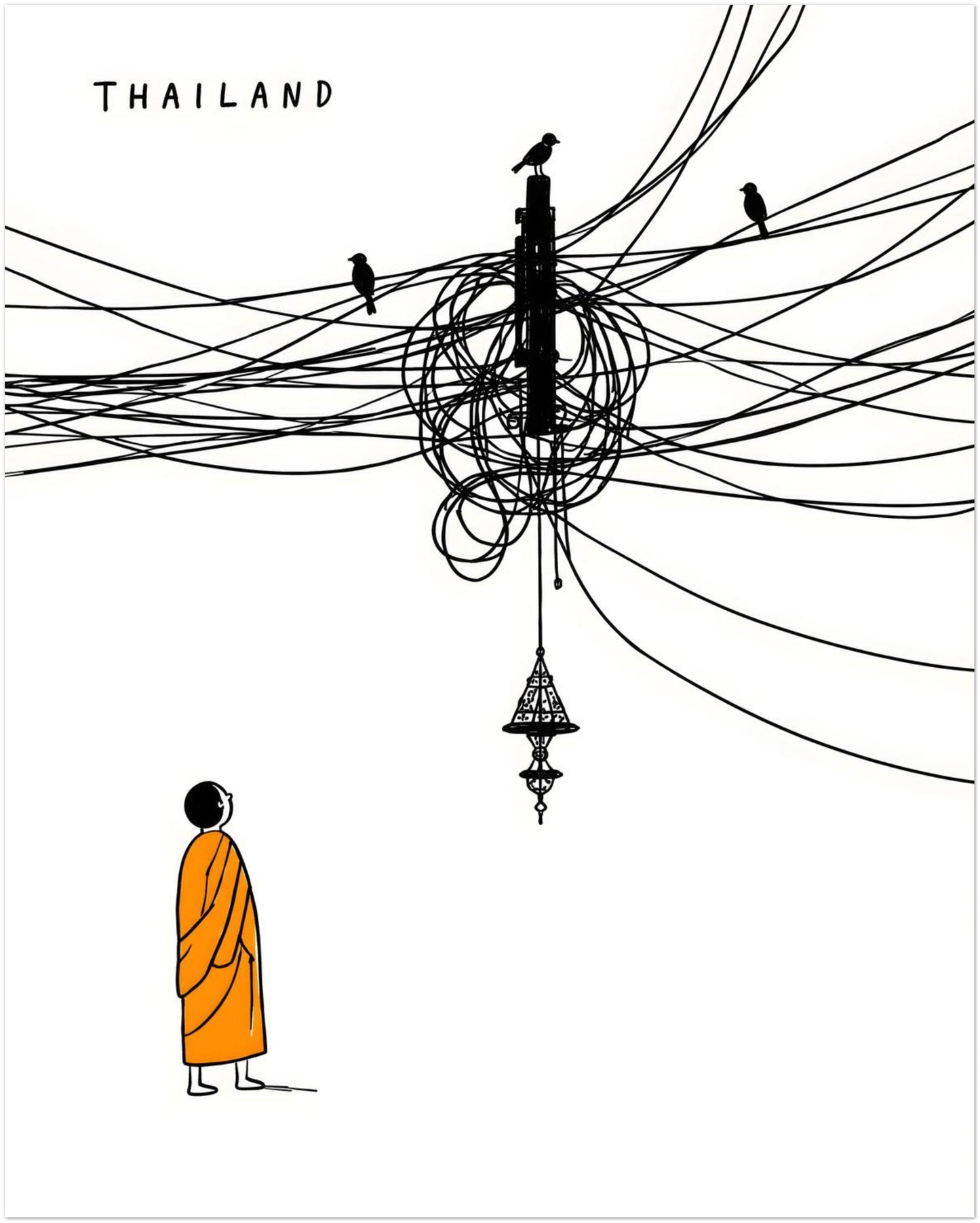 16x20 Thailand Buddhist monk poster with orange robe detail, messy black street cables, small birds and a Thai-style hanging lamp. This minimal travel wall art uses clean white space and subtle humour to turn everyday Thailand street chaos into a simple cultural print.