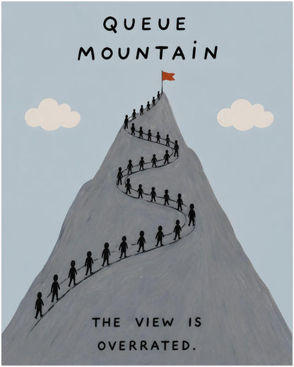16x20 inch unframed funny mountain wall art showing a grey peak with a crowded hiking trail winding from the base to the summit. The clean poster design includes pale blue sky, cream clouds and the phrase “Queue Mountain” with “The view is overrated”, ideal for humorous travel and hiking decor.