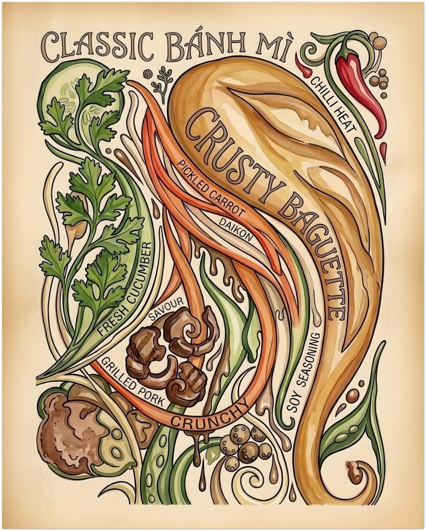 16x20 inch unframed Vietnamese food print showing a bold Banh Mi recipe illustration. The artwork includes crusty bread, chilli, fresh herbs, cucumber, pickled carrot, daikon, grilled pork and decorative flowing lines. A strong poster size for kitchen walls, café décor and food-themed gallery walls.