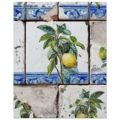 Unframed 16×20" lemon azulejo tile cultural print on a white background, showcasing Mediterranean tile patterns, citrus motifs and full artwork detail for larger wall display planning.