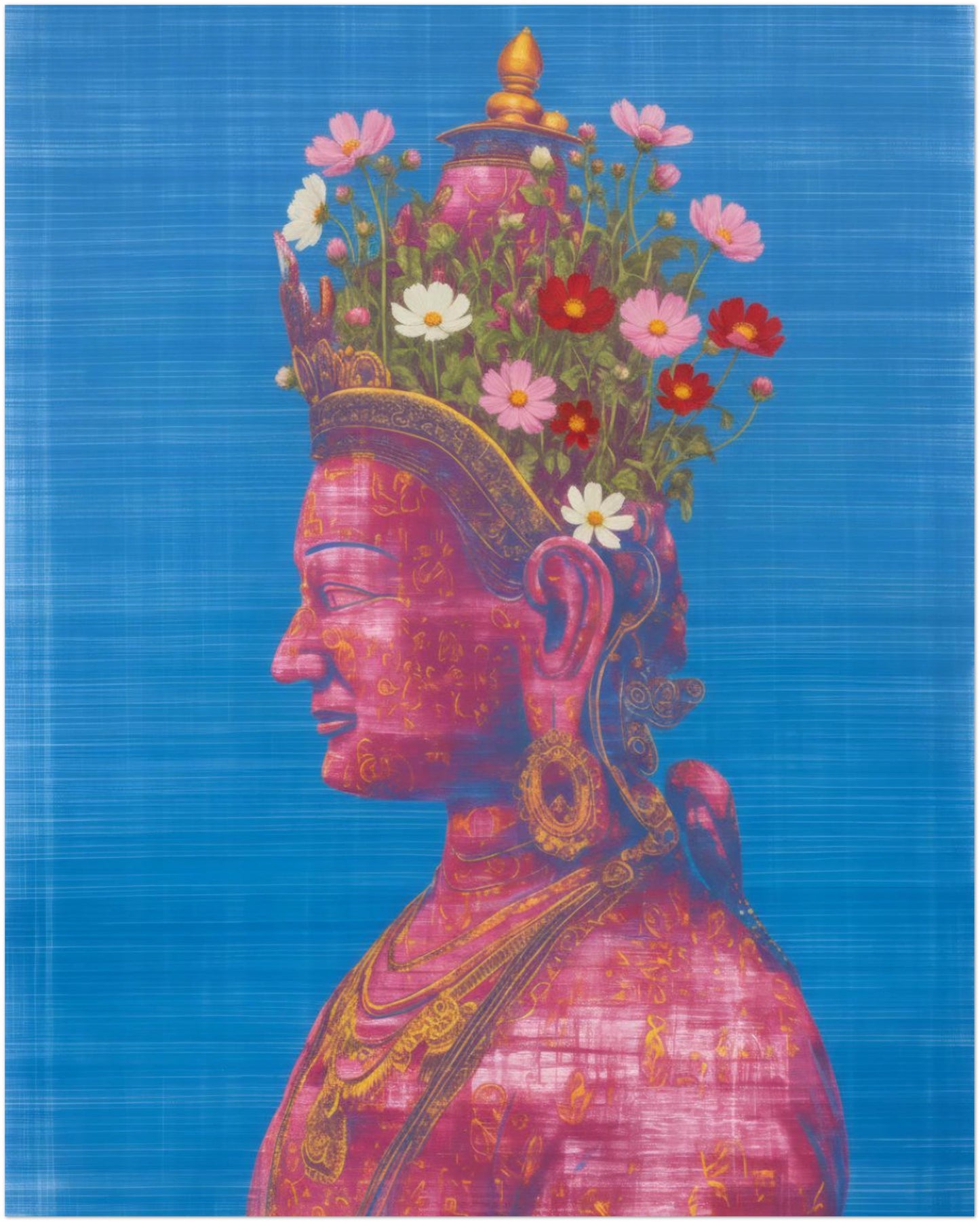 Unframed 16×20 inch Pink Tara spiritual wall art print on a white background, highlighting the serene Buddhist deity portrait, layered pink and blue tones and a more immersive view of the artwork.