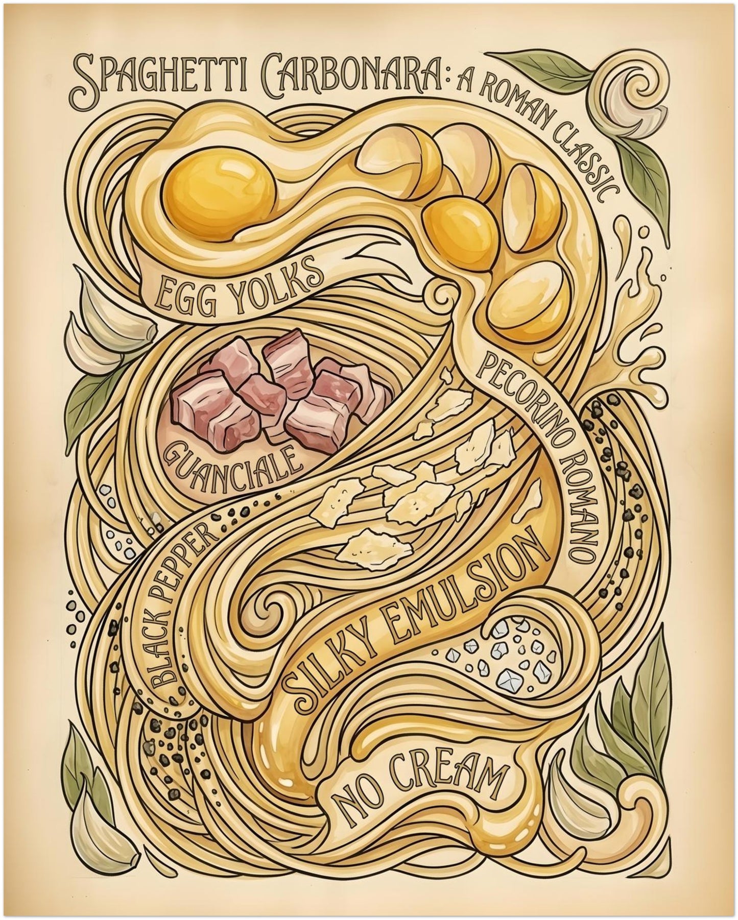16x20 inch unframed carbonara print with a detailed illustrated layout based on the famous Roman pasta recipe. The artwork includes spaghetti strands looping through egg yolks, guanciale cubes, herbs, garlic and cheese on a soft neutral background with vintage-style lettering. A strong standard wall art size for kitchen wall decor, pasta lover gifts, dining areas or Italian-inspired interiors needing food-themed art.