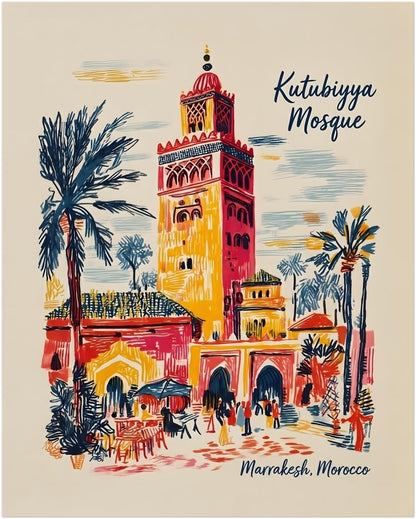 16x20 inch unframed Kutubiyya Mosque print with a colourful Marrakech composition showing the landmark tower, palm trees, arches, people walking and street scene details. Red, yellow, blue and cream tones create a lively Morocco travel poster look with a relaxed hand-drawn finish. A larger wall art size that works well as a focal point in living rooms, hallways, bedrooms or office spaces.