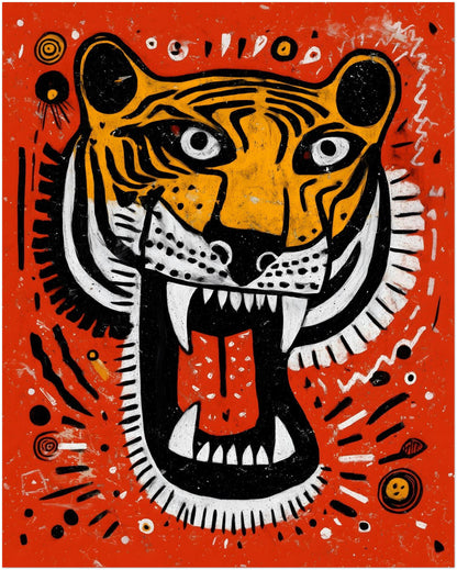 16x20 inch unframed Roaring Malayan Tiger art print featuring graphic black and white stripes, sharp white teeth and a red tongue set against a vivid orange backdrop. Dotted tribal accents surround the tiger head, creating bold modern Malaysian wall art for medium-sized interior spaces.