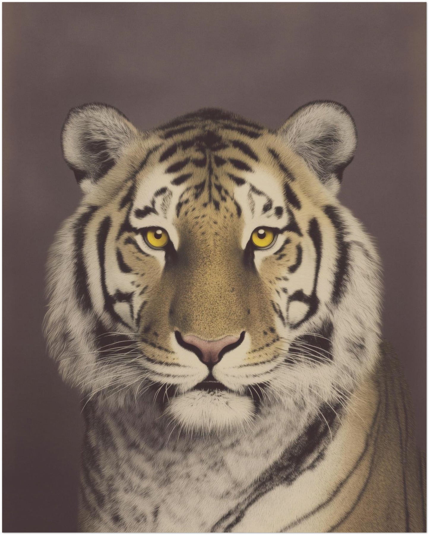 16x20 inch unframed Malayan tiger wildlife poster featuring a focused front-facing portrait with soft fur detail and warm brown background. Clean composition and muted palette make it suitable for modern interiors, neutral decor schemes and animal themed gallery walls.