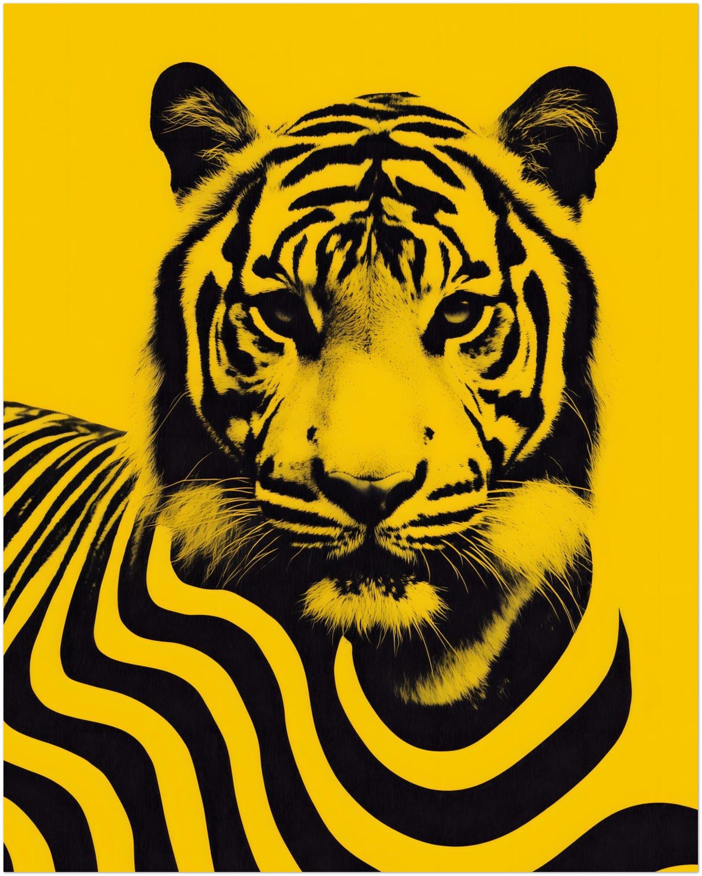 16x20 inch unframed Malaysian tiger poster featuring a bold black tiger portrait with stylised flowing stripe graphics across the body against a vibrant yellow background. The contemporary wildlife artwork is inspired by Malaysia’s national animal and combines modern graphic design with strong visual contrast to produce a striking decorative wall art print.