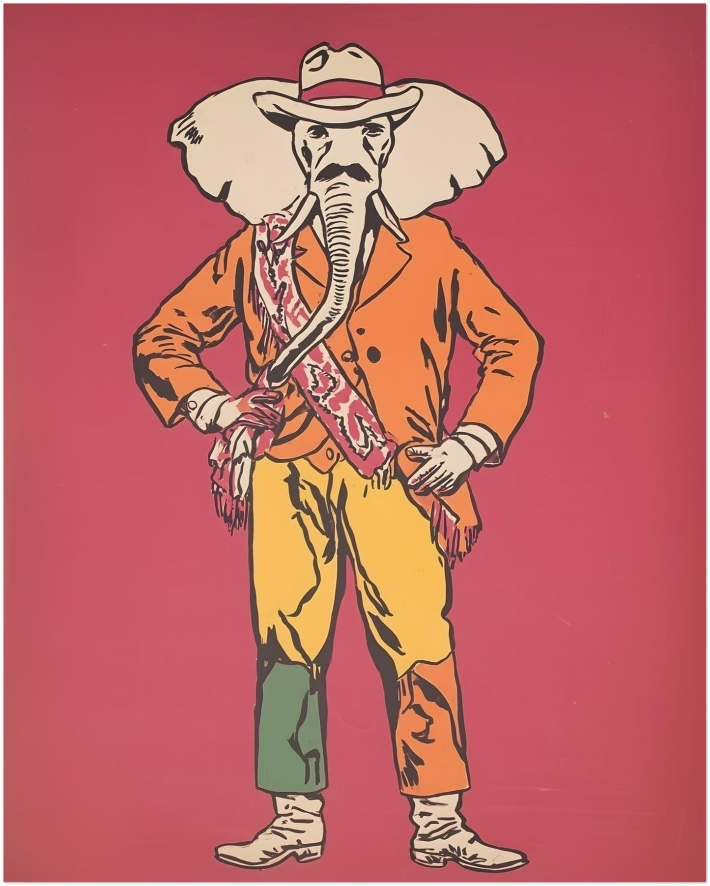 16x20 inch unframed Elephant Cowboy Wild West art print featuring a full-body elephant dressed as a cowboy against a rich red background. The orange jacket, patterned sash, yellow trousers and boots create a playful western wall art look with clear character. A strong choice for living rooms, man caves, home offices, gallery walls and funny animal wall art collections.