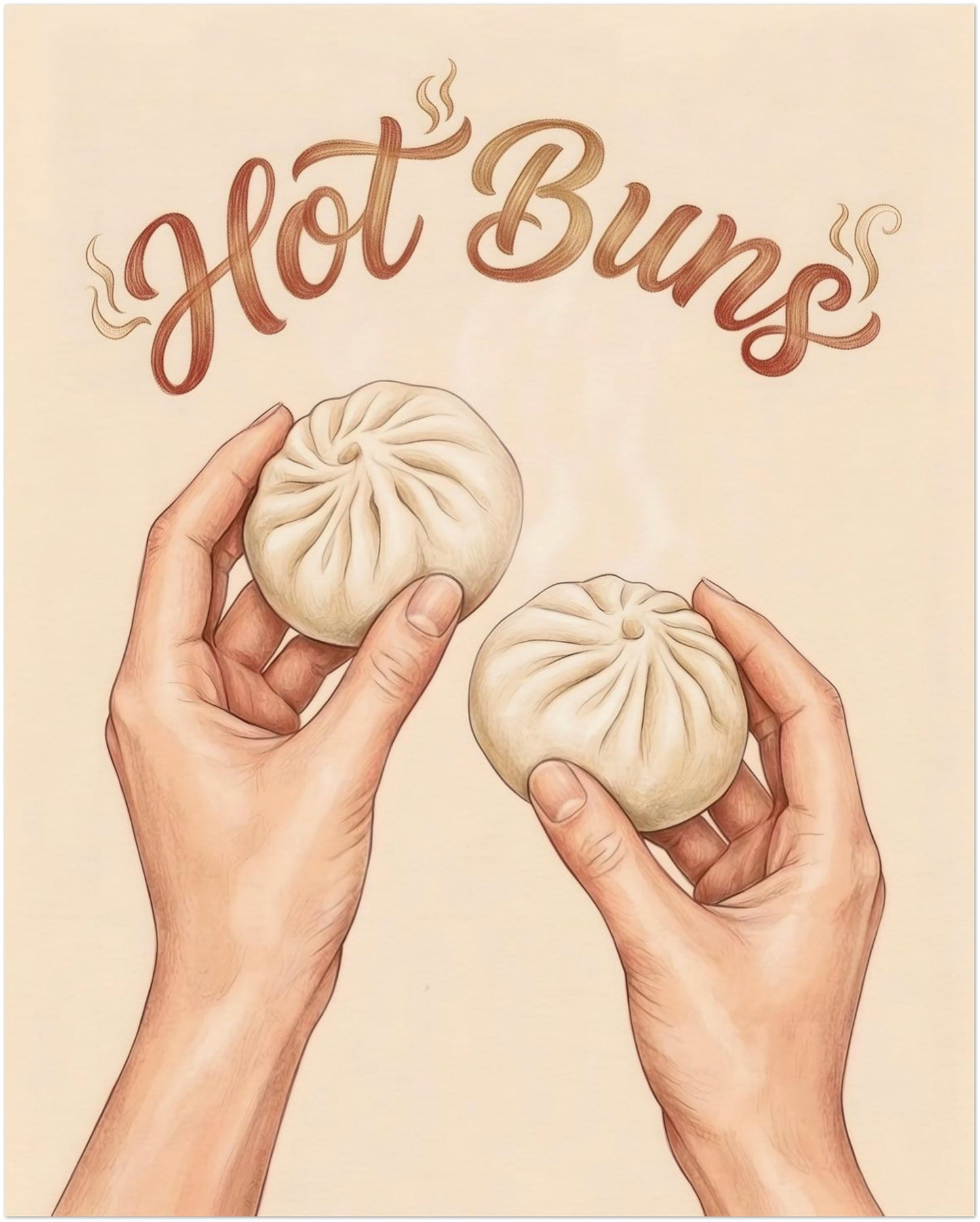 16x20 inch unframed Hot Buns wall art showing two hands holding steamed buns with curved brown lettering above on a soft beige background. The larger format makes the playful design stand out more clearly, while the neutral palette keeps it easy to place in modern interiors. A strong choice for funny kitchen wall art, foodie wall decor, asian kitchen art, or dining room styling that needs a simple statement piece.