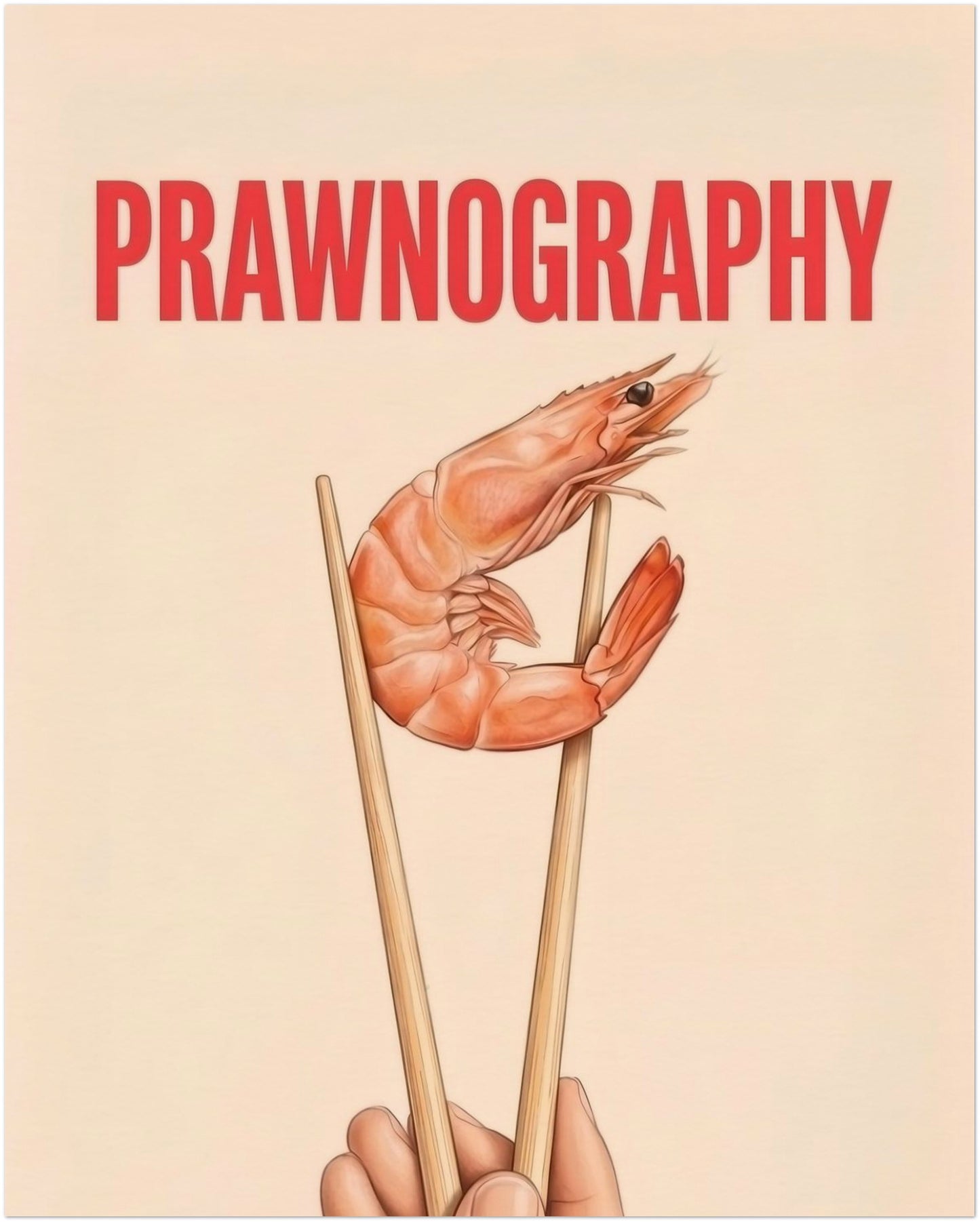 16x20 inch unframed Prawnography poster featuring a detailed prawn held in chopsticks below bold red PRAWNOGRAPHY text. The soft cream background and simple layout give the print a clean graphic look that works well in modern spaces. A strong choice for funny kitchen wall art, seafood themed decor and typography prints for dining rooms, shelves and home bar walls.