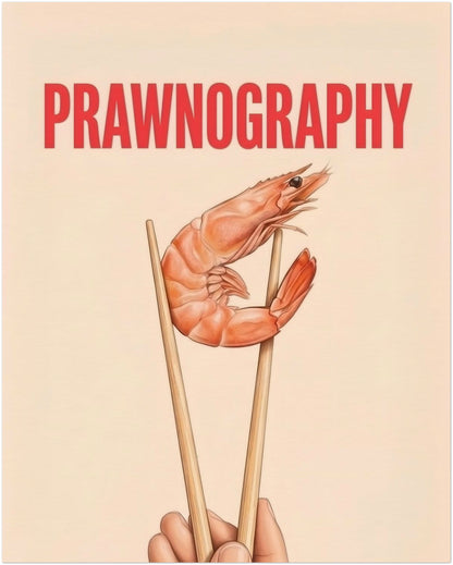 16x20 inch unframed Prawnography poster featuring a detailed prawn held in chopsticks below bold red PRAWNOGRAPHY text. The soft cream background and simple layout give the print a clean graphic look that works well in modern spaces. A strong choice for funny kitchen wall art, seafood themed decor and typography prints for dining rooms, shelves and home bar walls.