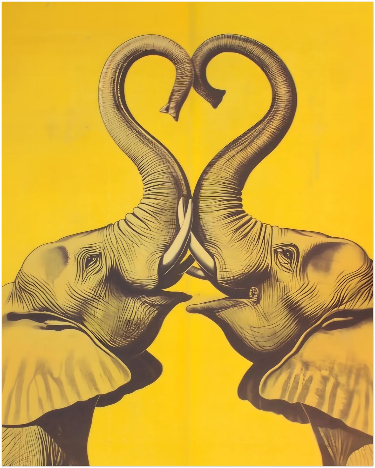 16x20 unframed yellow elephant heart poster shown as a large vertical art print on a plain white background. The design uses dark detailed linework to show two mirrored elephants facing inward, with trunks meeting in a heart shape over a bright yellow field. Large elephant wall art image for elephant poster, elephant wall decor, yellow elephant print, modern animal artwork, and statement wall art keyword targeting.