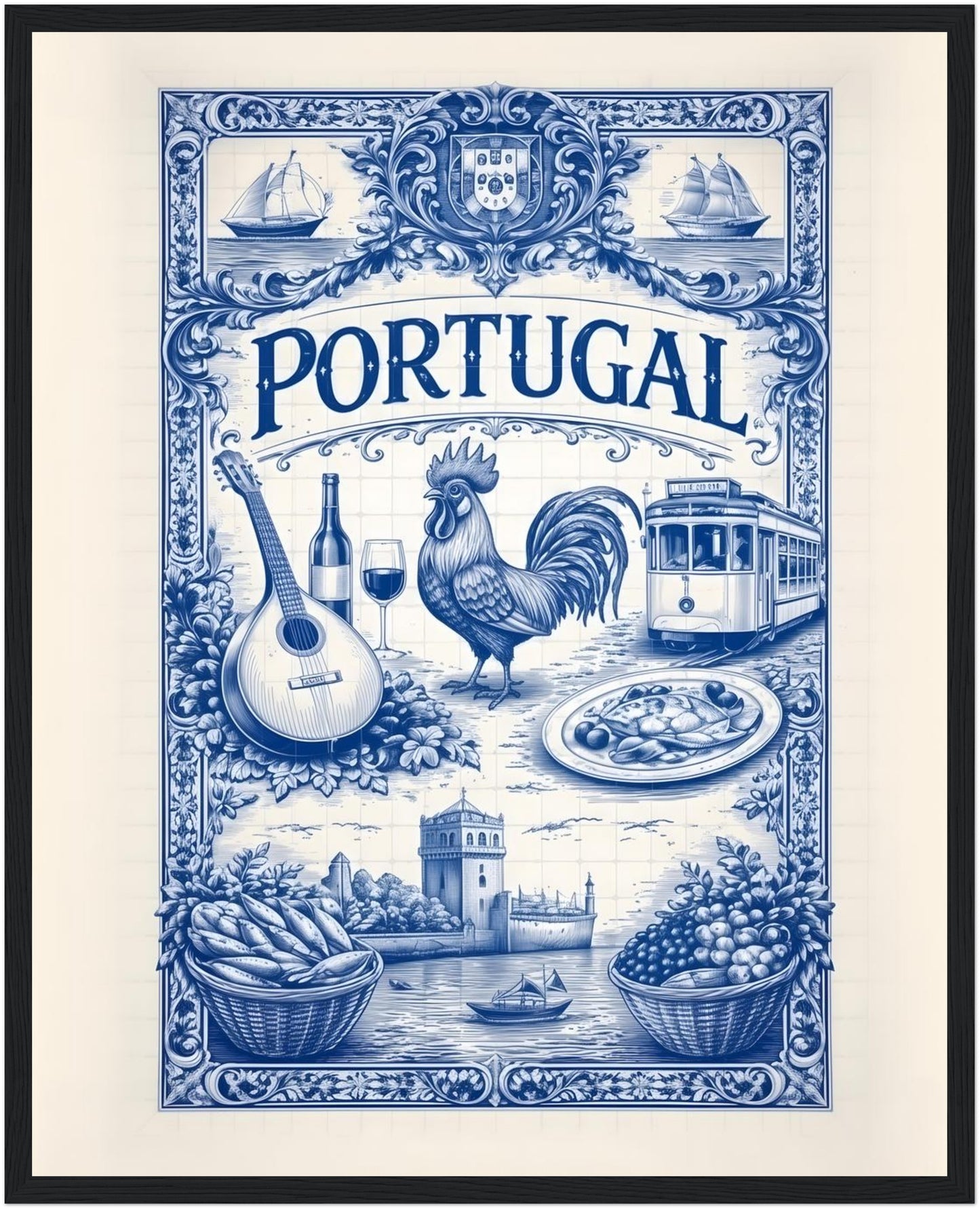 16x20 inch framed Portuguese culture art poster in a black wood frame, featuring bold blue azulejo design.
