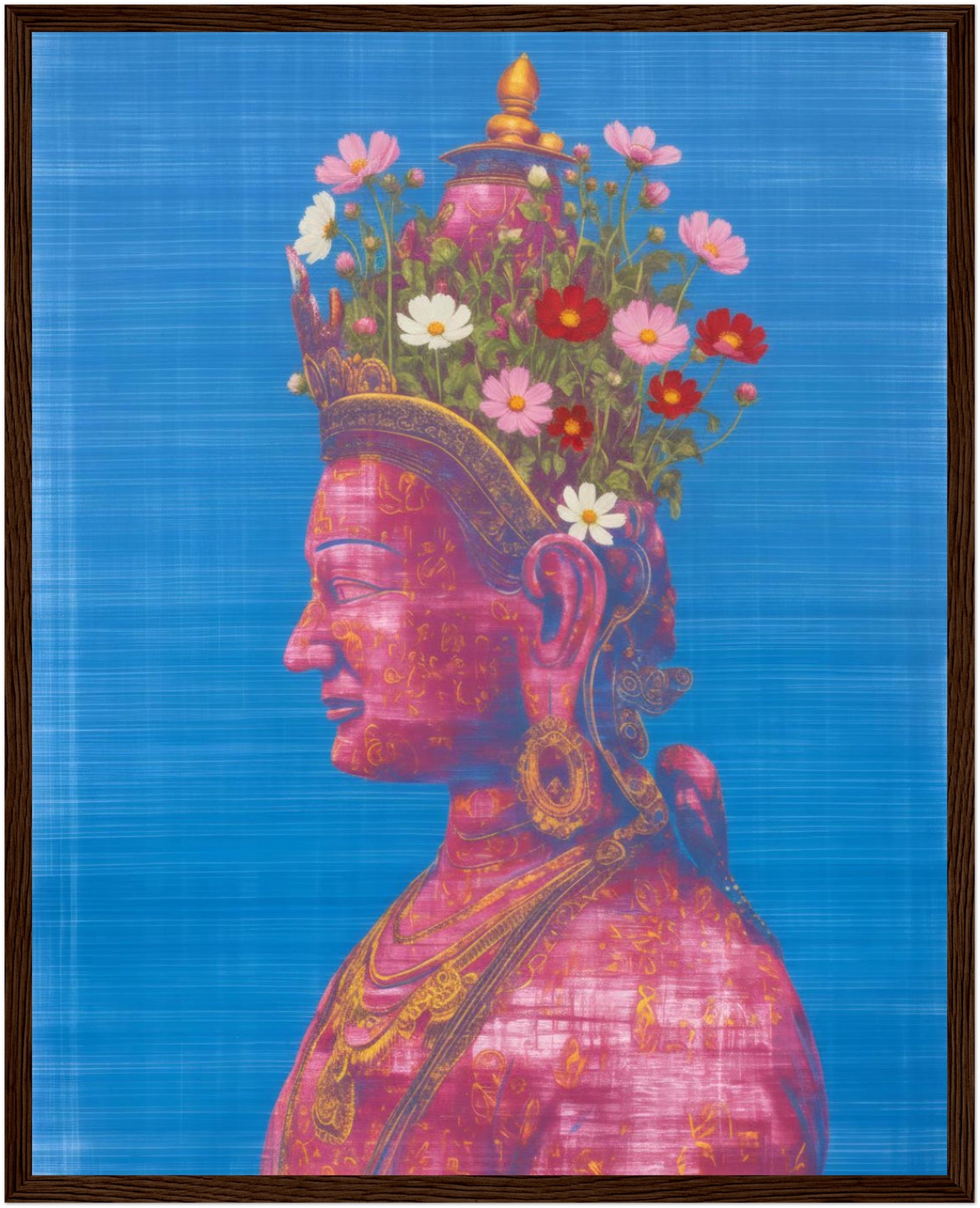 16x20 inch pink and green Tara Buddhist art print in a dark wood frame, depicting a pink Tara figure with floral elements.