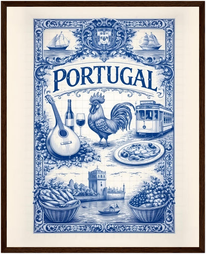 16x20 inch framed portugal azulejo poster in a dark wood frame, highlighting classic Portuguese tile art.