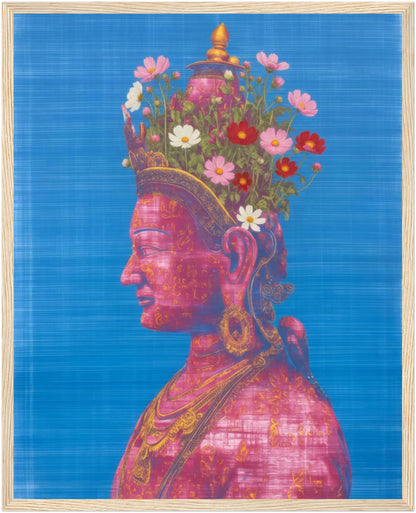 16x20 inch pink and green Tara Buddhist art print in a natural wood frame, featuring a pink Tara Buddhist portrait in profile.
