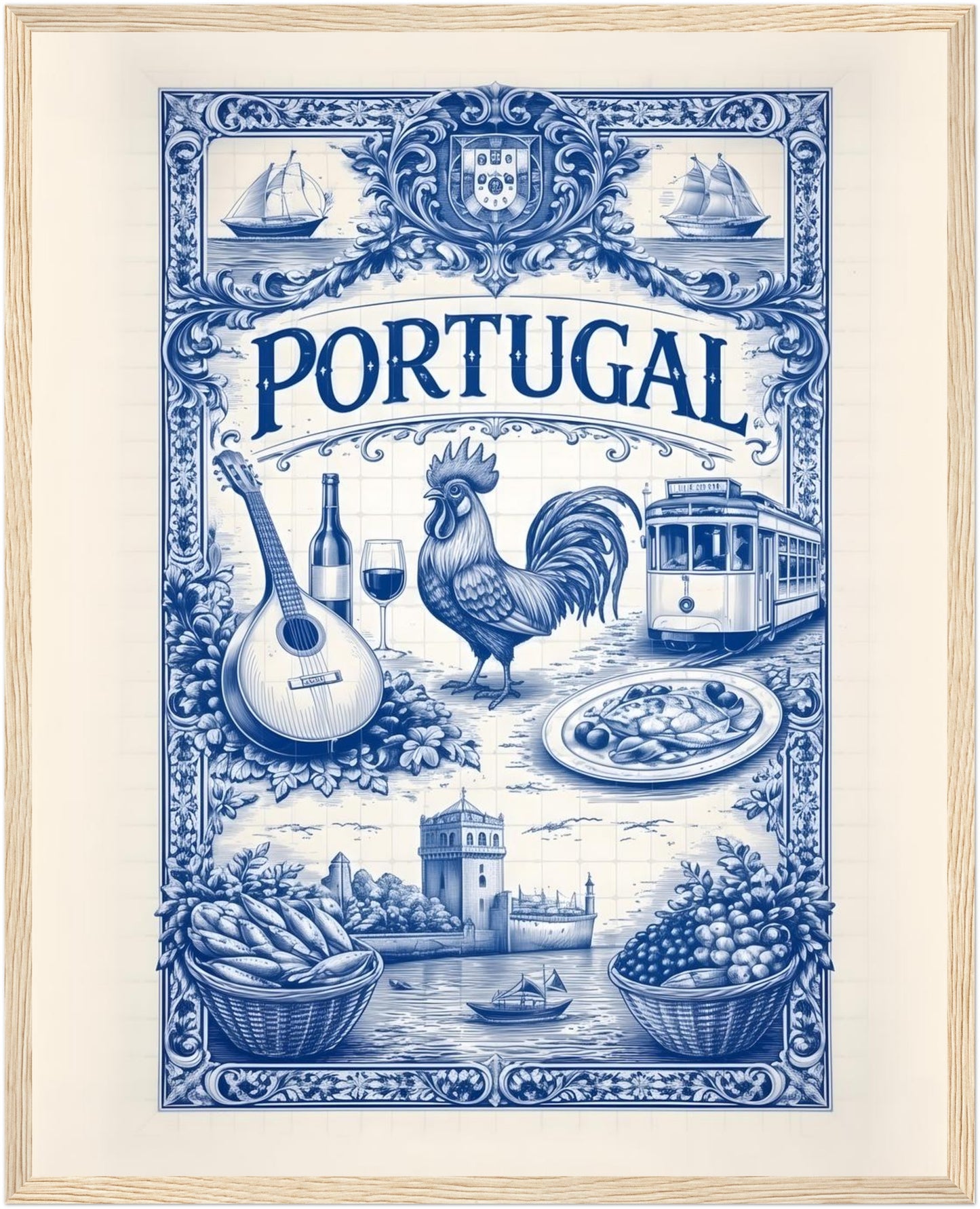 16x20 inch framed portuguese tile art print in a natural wood frame, celebrating Portugal traditions through azulejo symbolism.