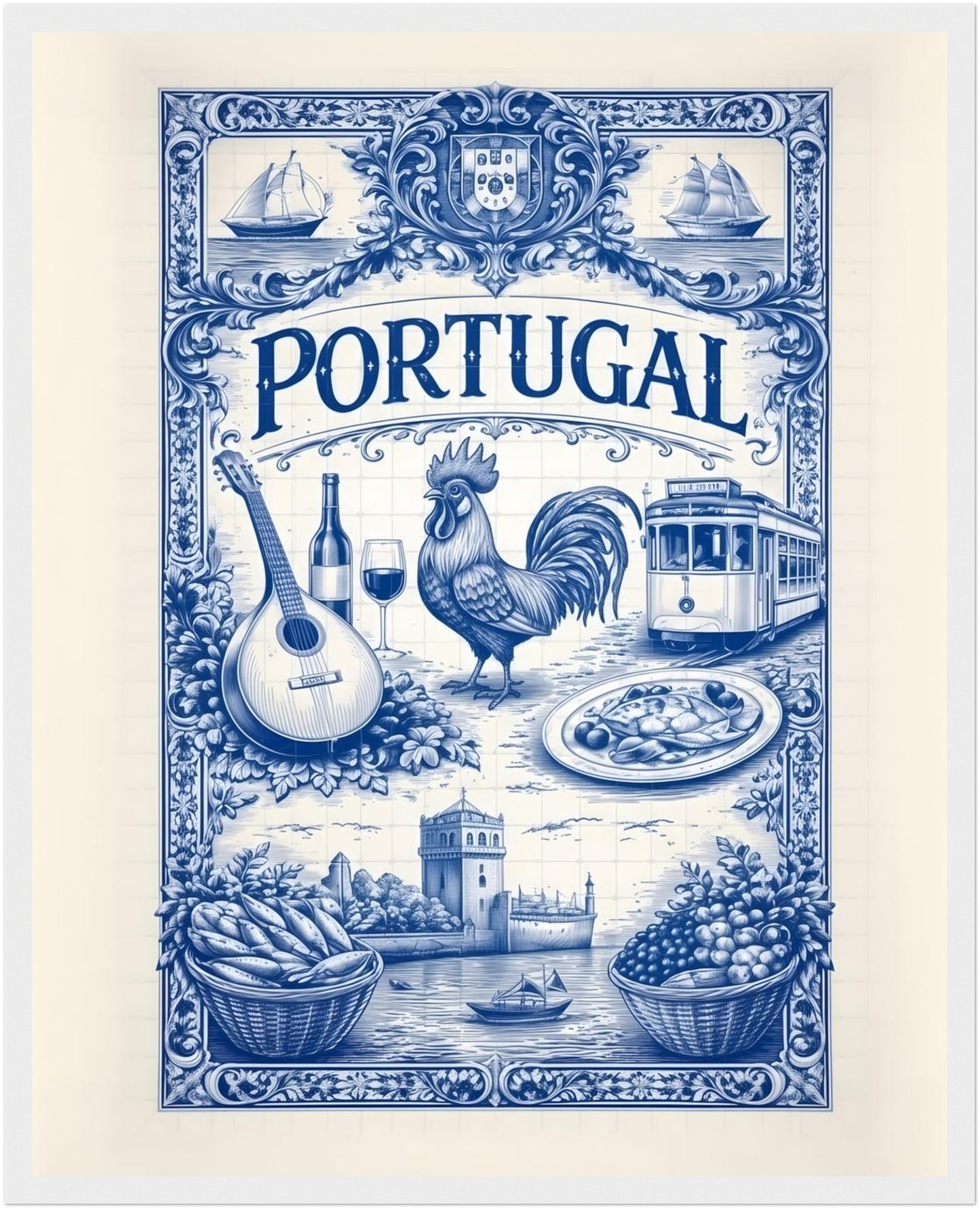 16x20 inch framed Portugal art poster in a white wood frame, displaying blue azulejo tile art inspired by Portuguese culture.