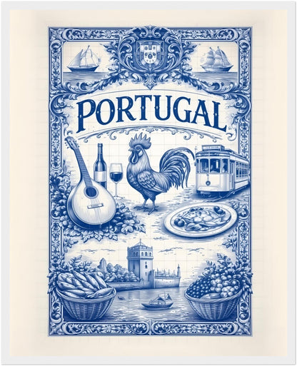 16x20 inch framed Portugal art poster in a white wood frame, displaying blue azulejo tile art inspired by Portuguese culture.