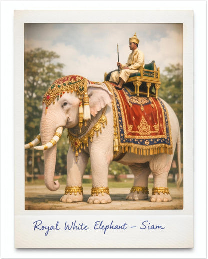 16x20 inch unframed Thailand elephant poster featuring a royal white elephant in red and gold cloth with detailed gold ornaments. A Thai royal figure in traditional dress sits above holding a staff. The vintage Polaroid styling and handwritten caption give it a historic Thai heritage art print feel.