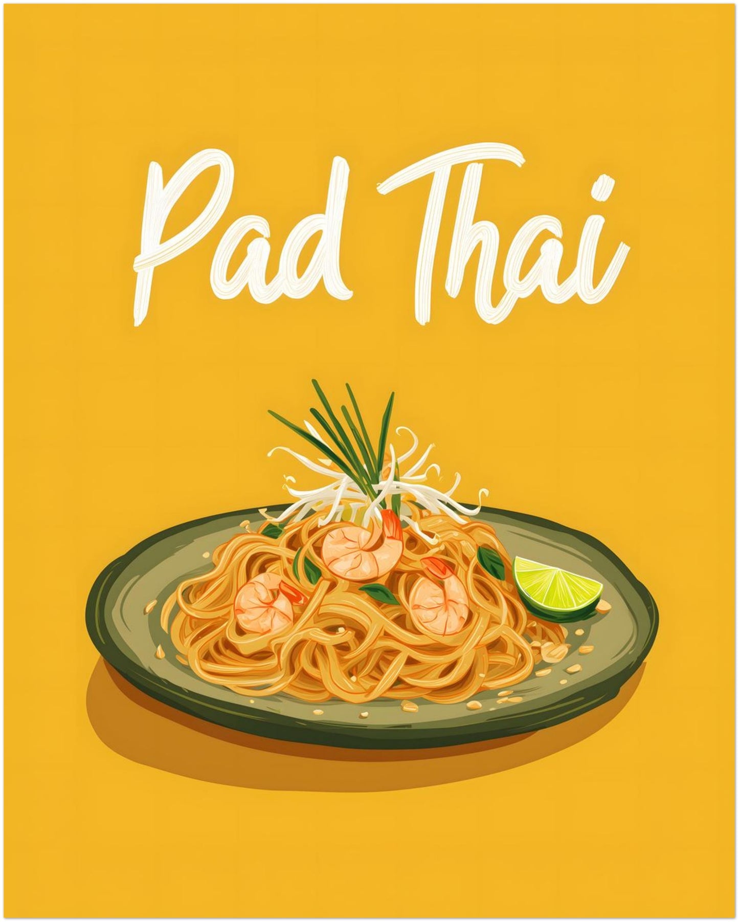 16x20 inch unframed Pad Thai illustrated wall art on a white background featuring classic Thai cuisine