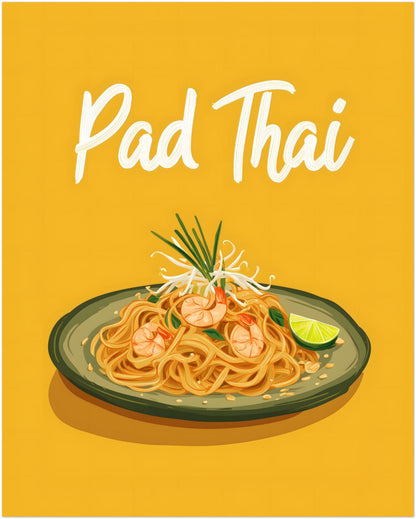 16x20 inch unframed Pad Thai illustrated wall art on a white background featuring classic Thai cuisine