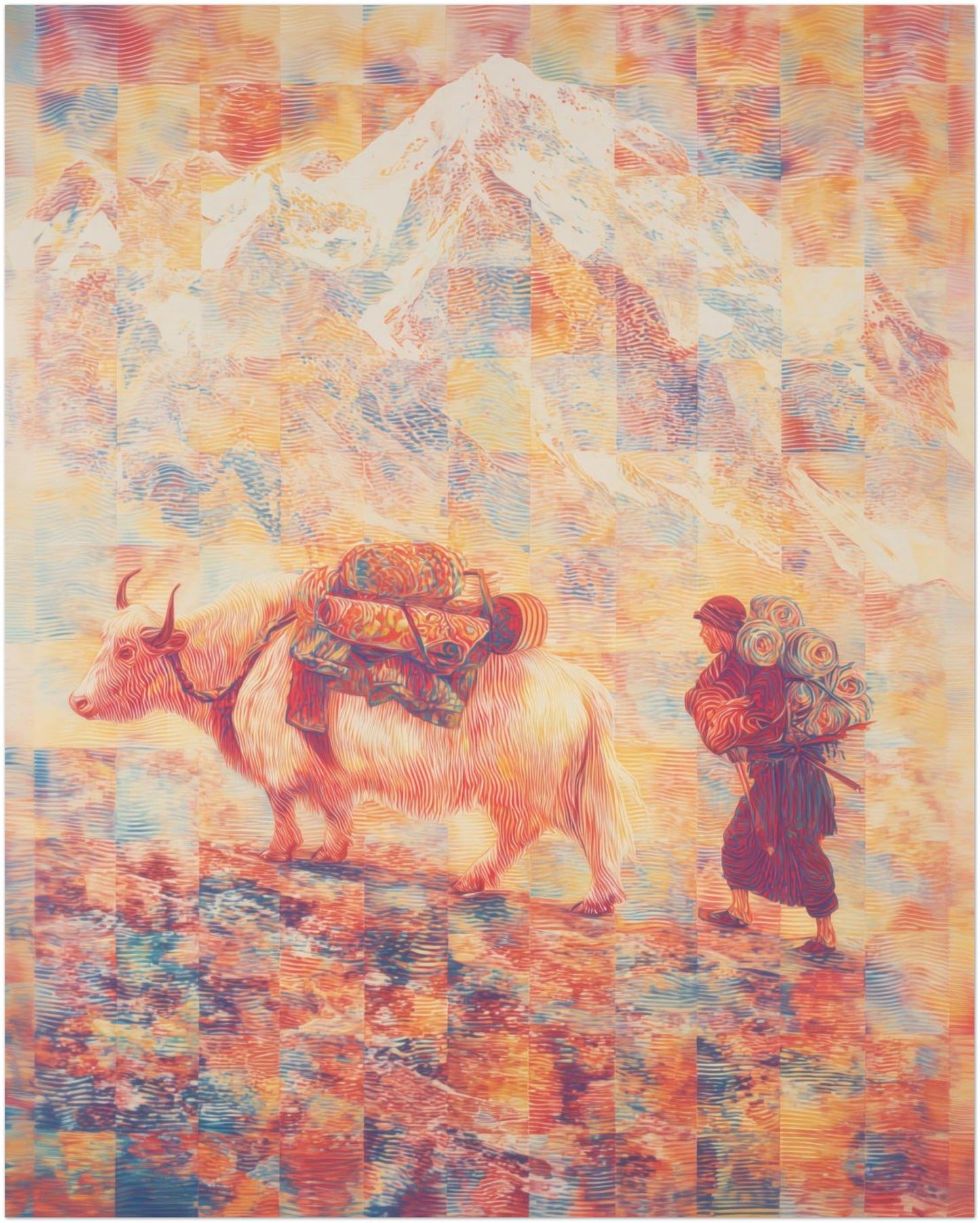 16x20 inch unframed Mount Everest art print depicting a Tibetan yak carrying packs through the Himalayas. Psychedelic Everest illustration suited for modern and cultural interior spaces.