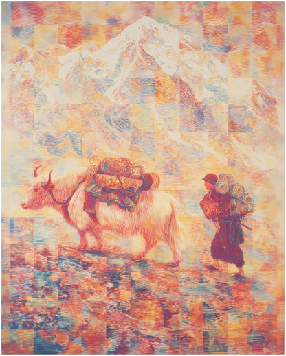 16x20 inch unframed Mount Everest art print depicting a Tibetan yak carrying packs through the Himalayas. Psychedelic Everest illustration suited for modern and cultural interior spaces.