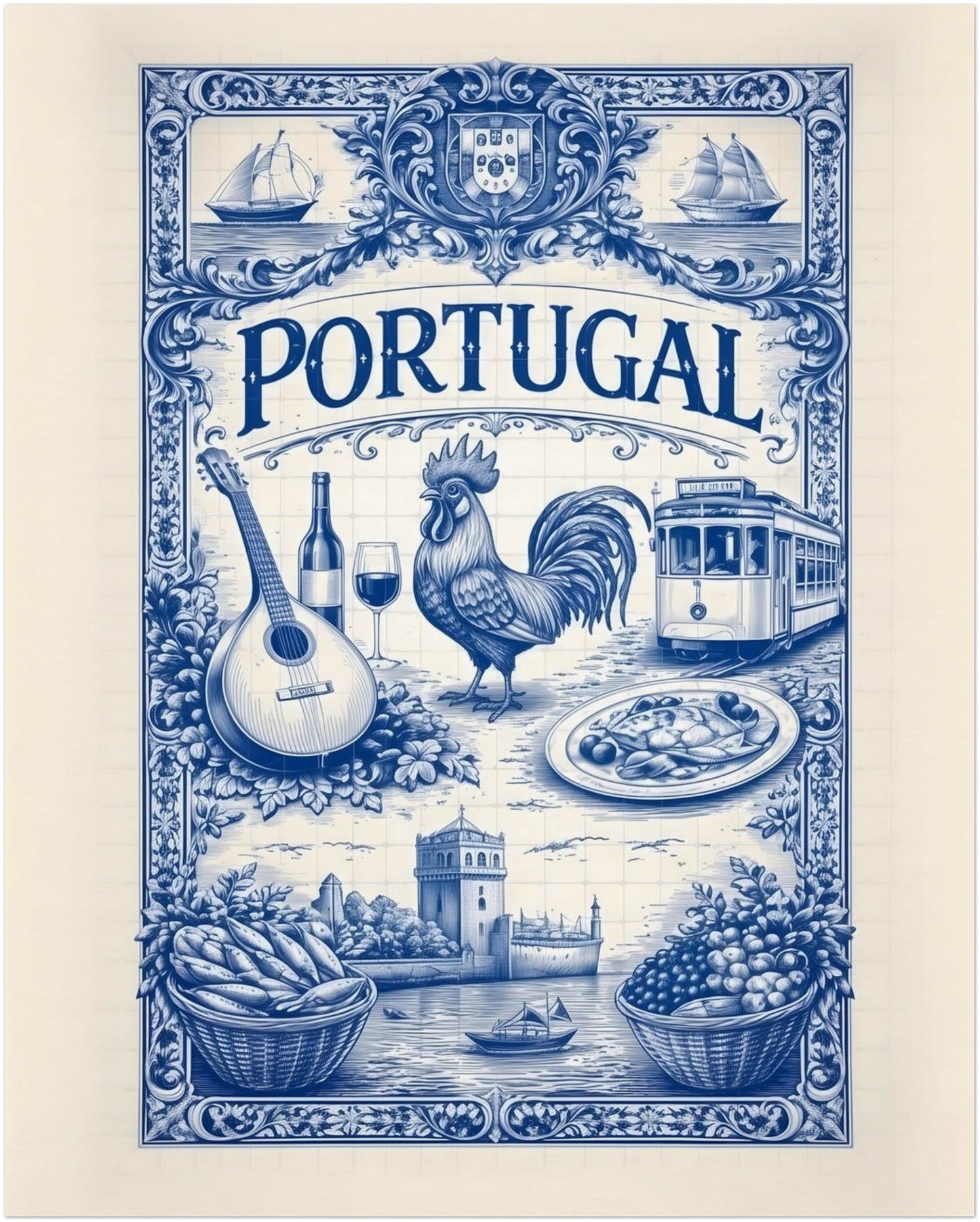 16x20 inch unframed Portugal travel art poster with a large-scale blue azulejo illustration showing Portuguese cultural symbols such as a rooster, tram, sailing ships, and traditional food in a classic tile layout.