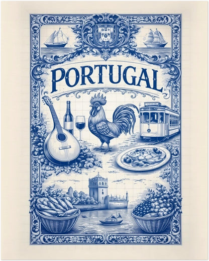16x20 inch unframed Portugal travel art poster with a large-scale blue azulejo illustration showing Portuguese cultural symbols such as a rooster, tram, sailing ships, and traditional food in a classic tile layout.