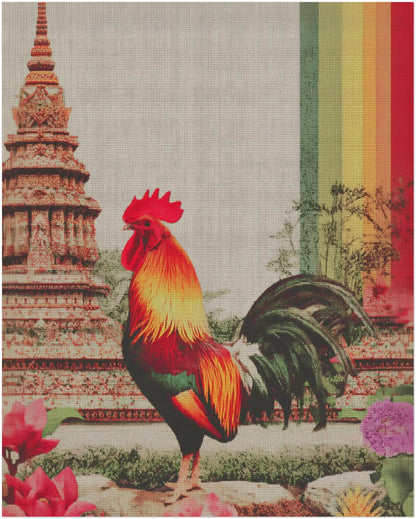 Unframed 16x20 inch Thai rooster art print presenting a dramatic full-body rooster set against a detailed Wat Arun-style temple background. The high-quality print shows clear canvas texture, crisp linework and a bold vertical rainbow colour band that frames the composition. Ideal as a focal point for living rooms, feature walls or gallery spaces that showcase cultural art, temple imagery and symbolic animal decor.