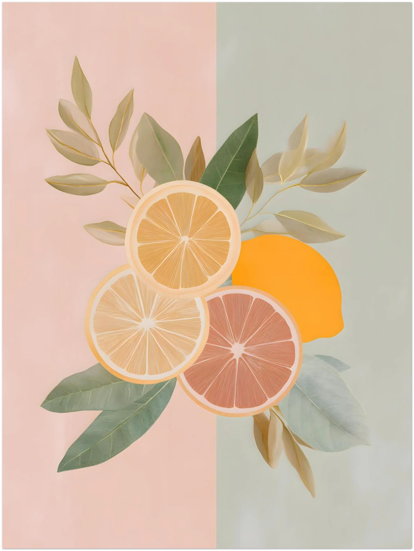 Pastel citrus illustration mockup in 18×24 inches, displayed on a neutral background to demonstrate crop, layout and how the artwork’s citrus composition fills this tall, modern print size.