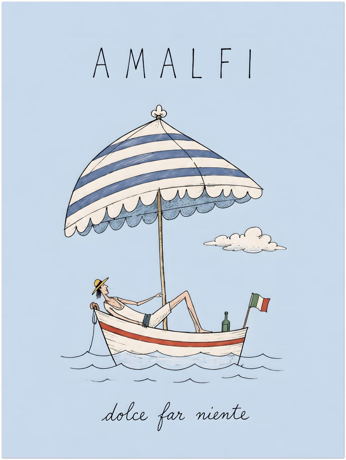 18x24 inch unframed Amalfi Italy poster showing a reclining figure aboard a small coastal boat beneath a blue striped parasol, with an Italian flag and pale blue summer backdrop.
