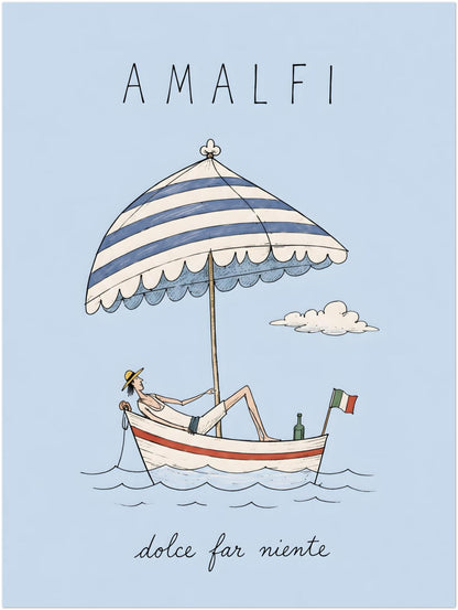 18x24 inch unframed Amalfi Italy poster showing a reclining figure aboard a small coastal boat beneath a blue striped parasol, with an Italian flag and pale blue summer backdrop.