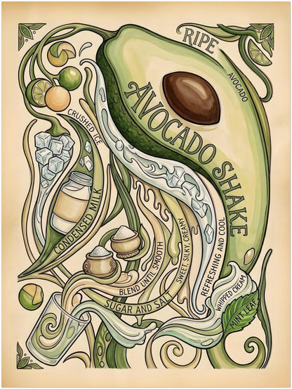 18x24 inch unframed avocado shake recipe poster with a decorative botanical illustration of a sliced avocado framed by curling vines and hand-drawn text. The artwork uses muted green and cream tones with a vintage print look, creating a simple but detailed piece for kitchen wall art, café styling, food poster collections and tropical fruit decor with a calm, natural feel.