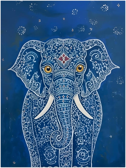 Thumbnail image of the 18x24 unframed Blue Indian Elephant Poster. The portrait artwork shows a detailed elephant with fine white pattern lines, gold eyes, white tusks and a bold blue background. A larger elephant wall decor print designed to stand out above desks, consoles or sideboards, with Indian-inspired detail and strong decorative presence for eclectic interiors.