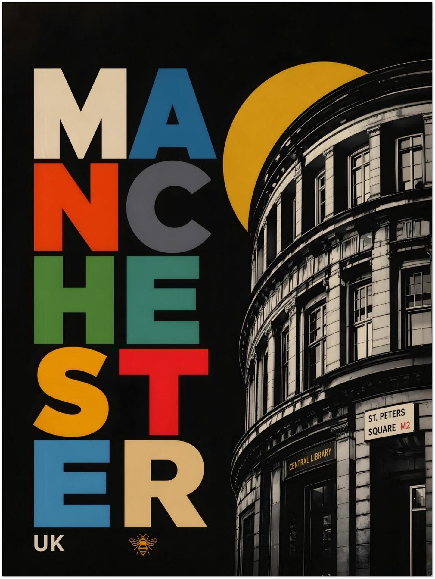 Unframed 18 x 24 inch Manchester Central Library poster with bold stacked MANCHESTER text, geometric colour blocks, a yellow circle and detailed UK landmark architecture.