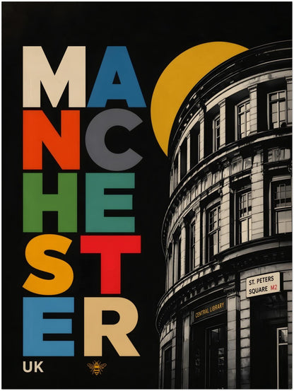 Unframed 18 x 24 inch Manchester Central Library poster with bold stacked MANCHESTER text, geometric colour blocks, a yellow circle and detailed UK landmark architecture.