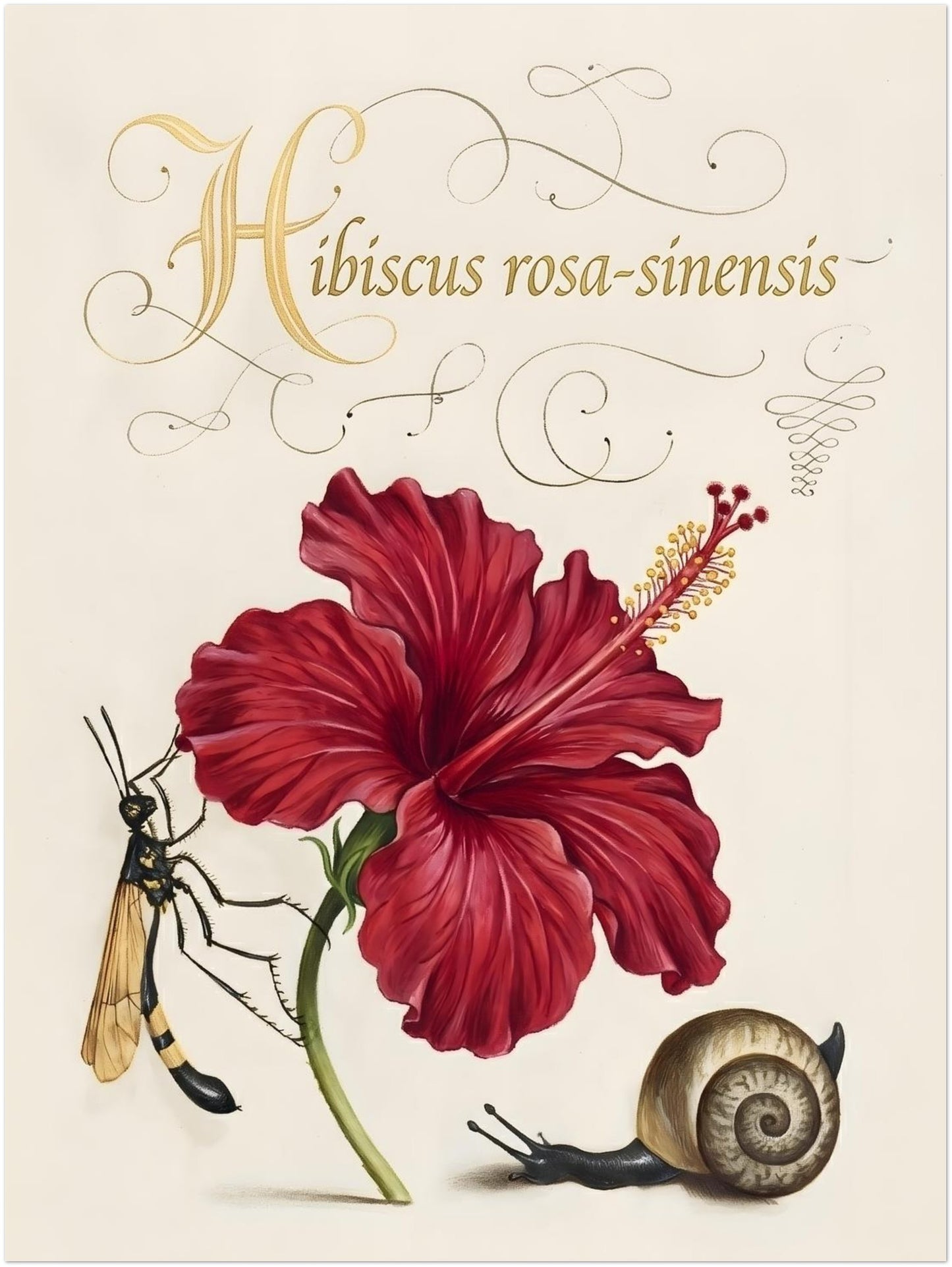 18x24 inch unframed hibiscus botanical print displaying a detailed red hibiscus flower with realistic shading and labelled Hibiscus rosa-sinensis in script. The composition includes a wasp and snail for added natural detail. Vintage botanical illustration styled as a classic plant study on a cream background for statement wall decor.