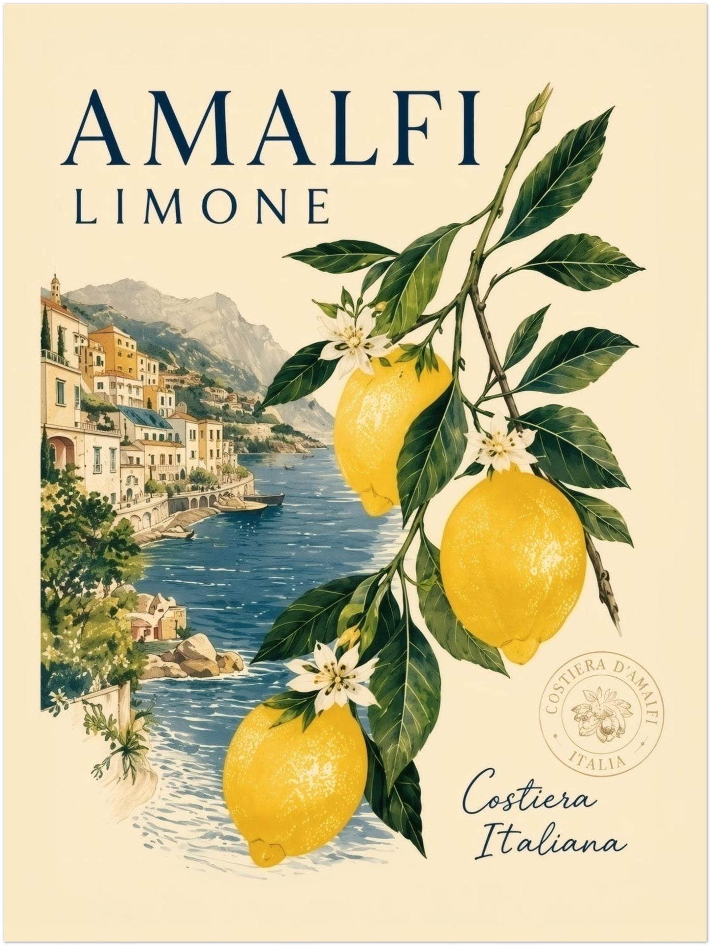 18x24 inch unframed Amalfi Coast lemon travel poster with yellow lemons, green leaves, blossom flowers and a blue seaside village view. The Italian coastal design brings a fresh summer look to kitchen decor, dining room walls and Mediterranean gallery wall styling.