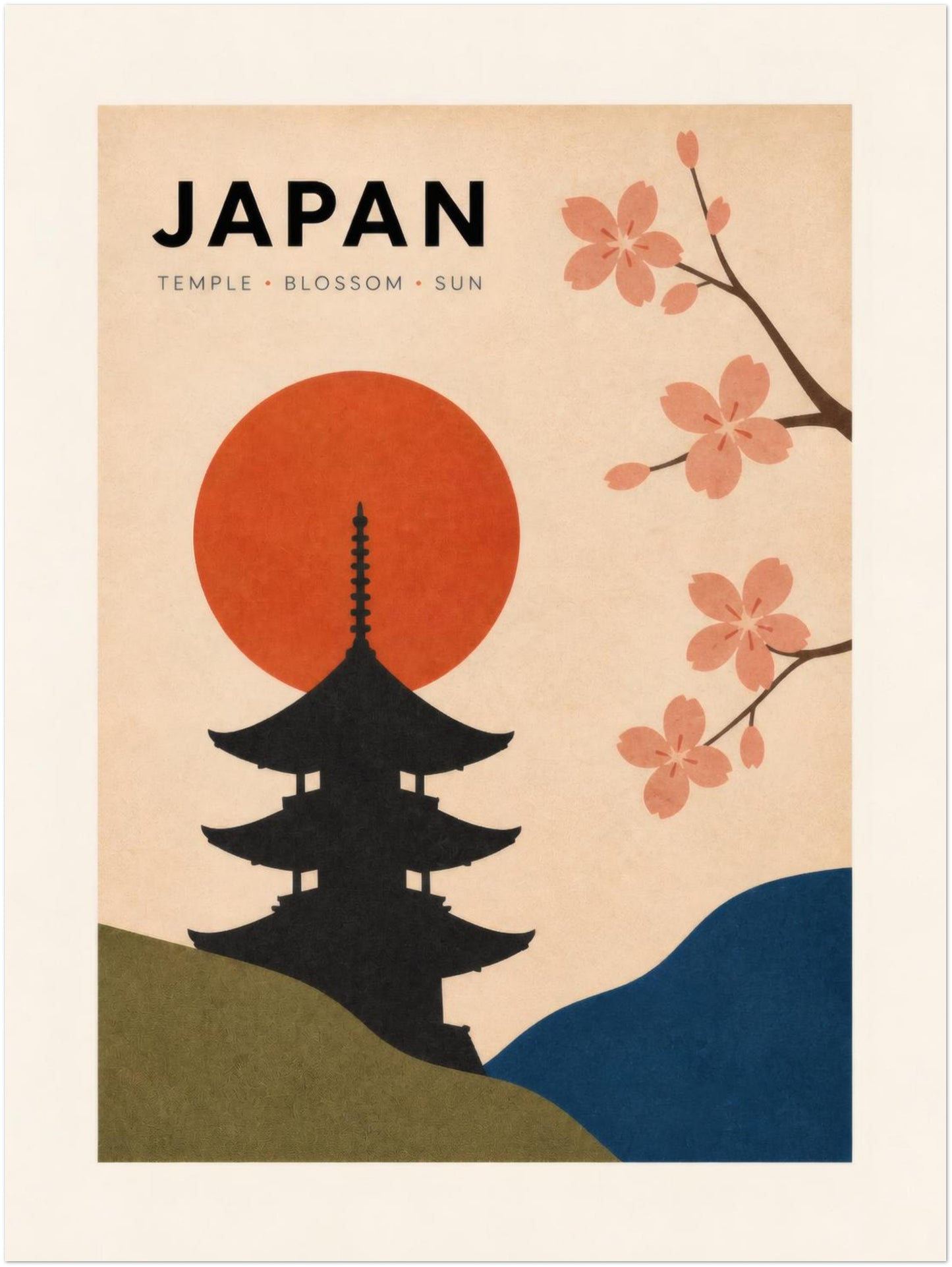 Unframed 18 x 24 inch Japan travel print with a black temple silhouette centred below a strong red sun. Pink cherry blossom flowers, olive green hills and a sweeping blue shape complete the retro design on a warm cream background. A striking Japanese wall poster for larger bedrooms, offices, lounges and gallery walls.