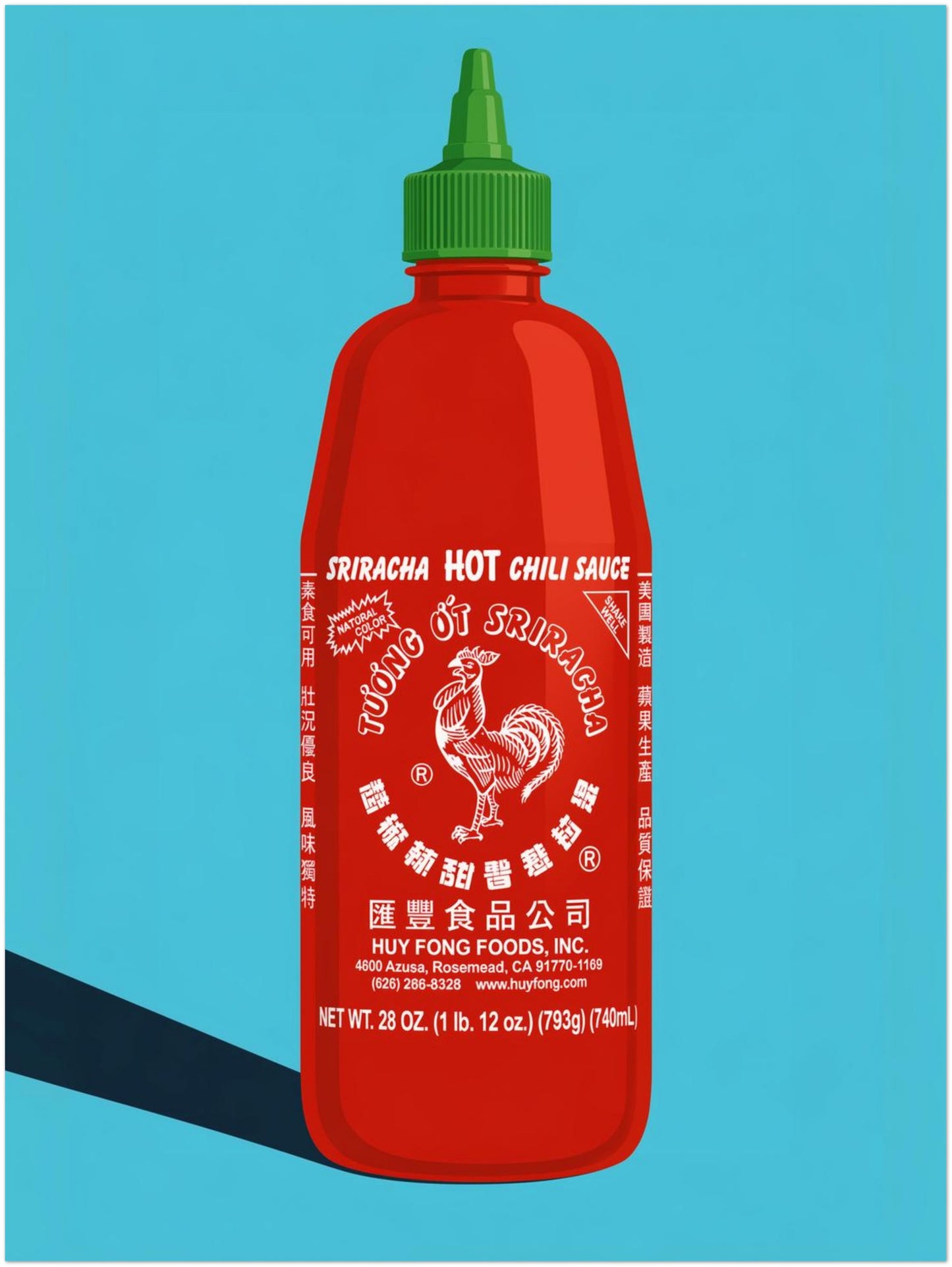 18x24 inch unframed sriracha food poster showing a large red hot sauce bottle with green cap, white rooster label and clean blue pop art background. A bold kitchen decor print for dining rooms, cafes, food shops, restaurant walls and anyone looking for colourful foodie wall art.
